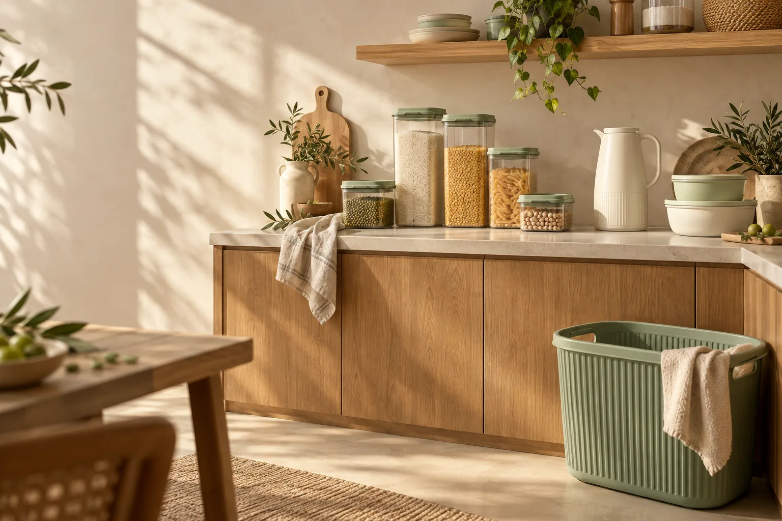 An illustrative sunlit kitchen with pantry jars and household essentials